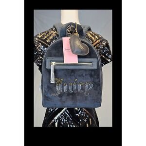 Juicy Couture Black‎ Velour Mini Backpack Rhinestone Logo NWT Heart Charm